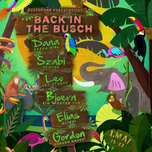 Das Bild zeigt eine bunte Dschungelszene mit verschiedenen Tieren und Pflanzen. In der Mitte befinden sich Schilder mit den Namen von Künstlern und Informationen zu einer Veranstaltung.