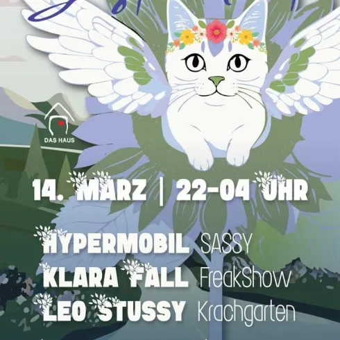 Ein grafisches Plakat mit dem Titel "Sisterhood". Es zeigt eine Katze mit Flügeln und Blumenkranz sowie Informationen zu einer Veranstaltung am 14. März.