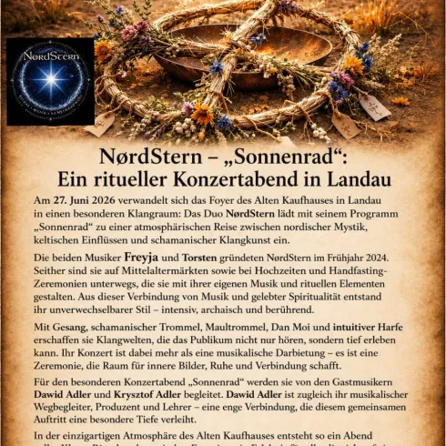 Ein Plakat für ein Konzert mit dem Titel "Sonnenrad". Es wird ein ritueller Konzertabend in Landau am 27. Juni 2026 angekündigt.