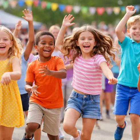 Eine Gruppe fröhlicher Kinder läuft lachend. Sie tragen bunte Kleidung und genießen einen sonnigen Tag.