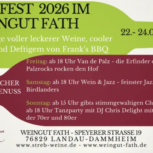 Ein Plakat für das Hoffest 2026 im Weingut Fath. Das Event bietet leckere Weine, Musik und Speisen von Frank's BBQ.