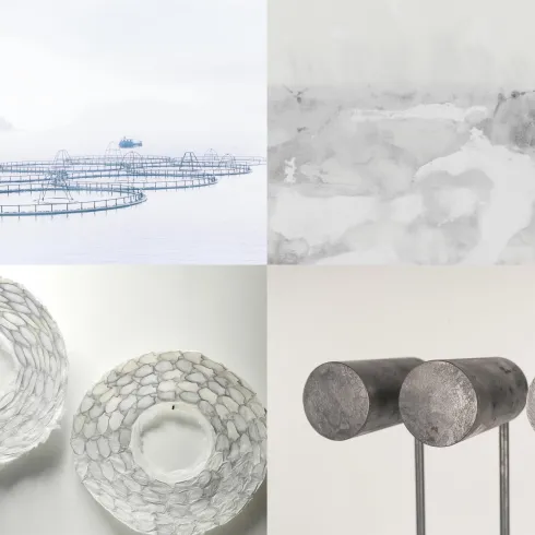 Das Bild zeigt eine Collage von vier verschiedenen Elementen. Oben sind Fischernetze auf Wasser zu sehen, während unten Grafiken von Netzstrukturen und Metallobjekten abgebildet sind.