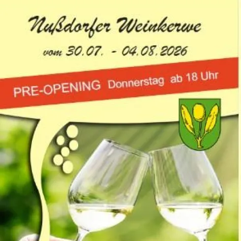 Eine Einladung zur Nußdorfer Weinkerve vom 30.07. bis 04.08.2026. Es wird ein Pre-Opening am Donnerstag ab 18 Uhr gefeiert.