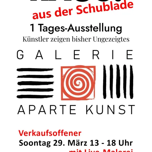 Ein Plakat für eine Kunstausstellung mit dem Titel "RAUS! aus der Schublade". Die Veranstaltung findet am Sonntag, den 29. März, von 13 bis 18 Uhr in der Galerie Aparté Kunst in Landau statt.