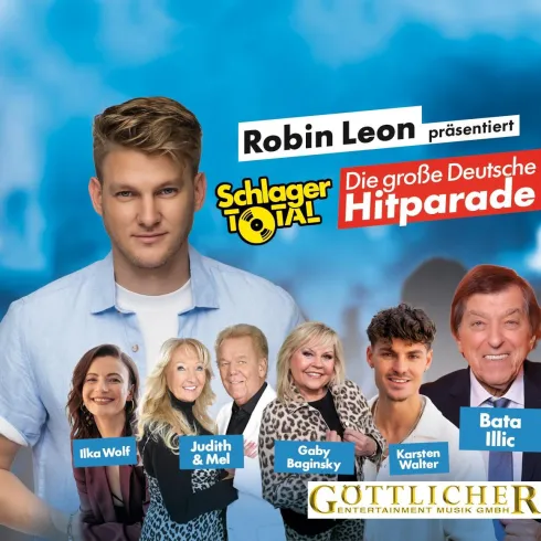 Eine Veranstaltung mit Robin Leon und verschiedenen Künstlern ist zu sehen. Im Hintergrund ist ein begeistertes Publikum und die Szenen sind musikalisch geprägt.