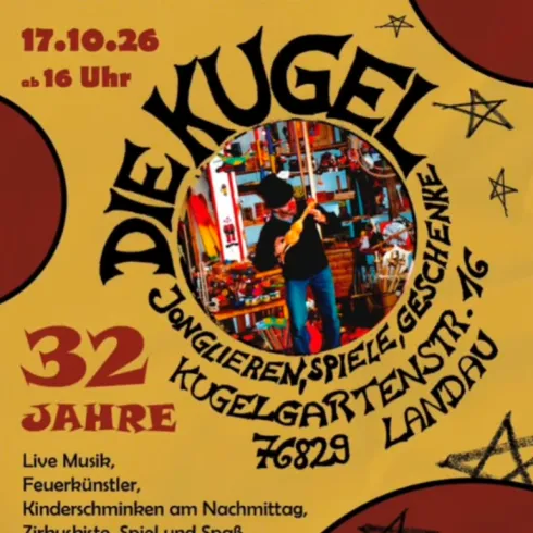 Eine Einladung zur Geburtstags- und Abschiedsparty mit buntem Design. Es werden Live-Musik, Jonglage, Spiele und ein Mitbringbuffet angeboten.