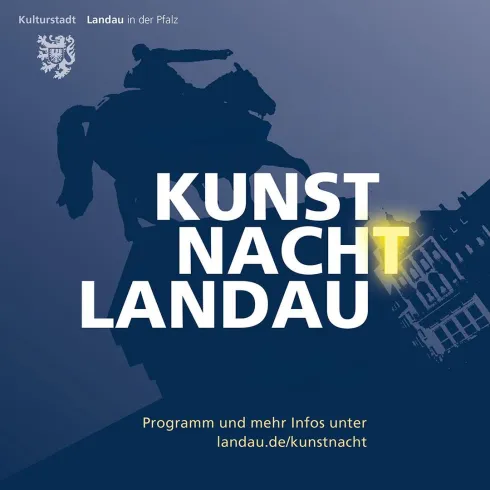 Ein grafisches Plakat zur Kunstnacht in Landau. Es zeigt die Silhouette einer Statue und den Schriftzug "KUNSTNACHT LANDAU" in großen Buchstaben.