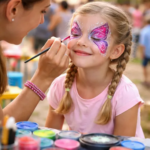 Ein Mädchen lässt sich die Gesichtsmalerei in Form eines Schmetterlings machen. Bunte Farben und eine fröhliche Atmosphäre prägen die Szene.
