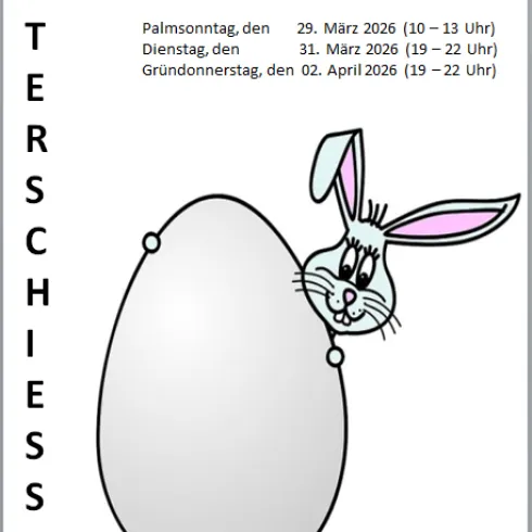 Ein Flyer für eine Veranstaltung mit einem niedlichen Hasen und einem großen Ei. Die Daten für das Osterschießen sind aufgelistet.