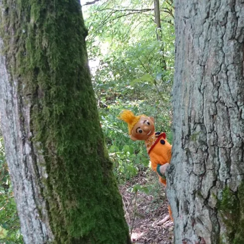 Eine Puppe mit orangefarbenem Outfit und einer spitzen Mütze versteckt sich zwischen zwei Bäumen im Wald. Der Hintergrund zeigt üppiges grünes Laub.