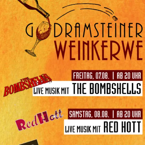 Ein Werbeplakat für das Gdramsteiner Weinfest vom 07. bis 10. August 2026. Es zeigt Informationen zu Live-Musik und Veranstaltungen auf dem Dorfplatz.
