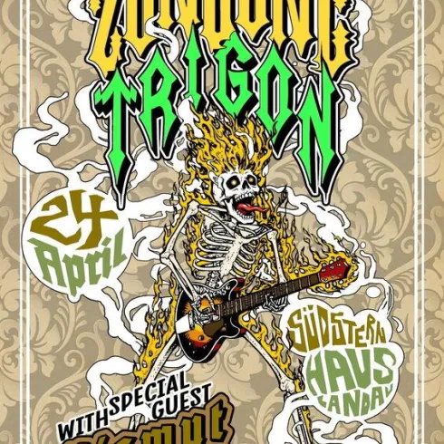 Ein buntes Konzertplakat mit einem rockenden Skelett, das eine Gitarre spielt. Es kündigt das Event von Zündung Trigon mit dem besonderen Gast Bismut am 24. April an.
