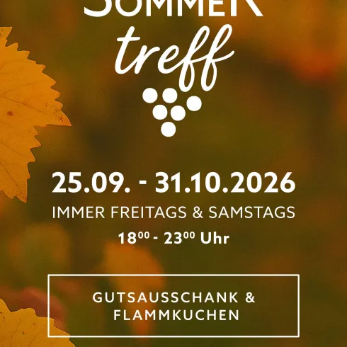Ein Werbeplakat für das Event „SpätSommertreff“ mit einem bunten, herbstlichen Hintergrund. Es informiert über Termine, Öffnungszeiten und angebotene Speisen in Mörzheim.