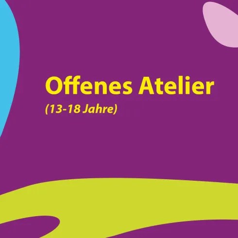 Ein farbenfrohes Design mit dem Titel "Offenes Atelier". Der Kurs richtet sich an Kinder im Alter von 6 bis 12 Jahren.