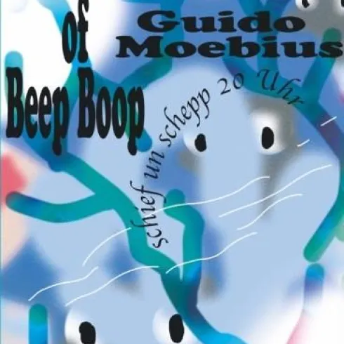 Ein buntes, abstraktes Poster mit geschwungenen Linien und Formen. Es enthält den Titel "Adventures of Beep Boop" und Informationen zu einer Veranstaltung.