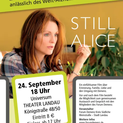 Ein Plakat für einen Filmabend zum Welt-Alzheimertag 2026. Der Film „Still Alice“ wird im Universum Theater Landau gezeigt, Eintritt 8 Euro.