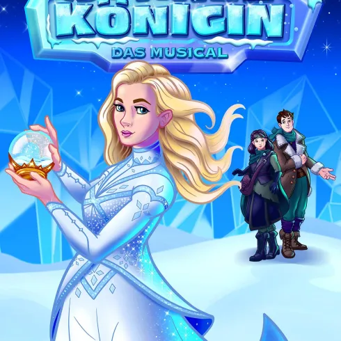 Eine schöne Illustration von der Schneekönigin mit schneeweißer Robe und einer Kristallkugel. Im Hintergrund stehen zwei Figuren, die in einer winterlichen Landschaft dargestellt sind.