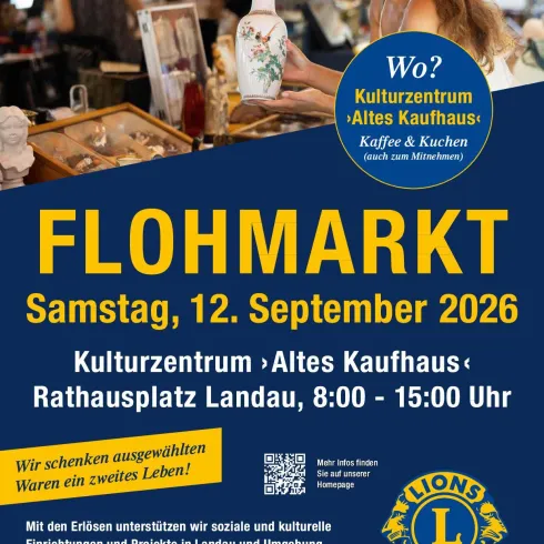 Ein Flohmarkt findet am Samstag, den 12. September 2026, im Kulturzentrum "Altes Kaufhaus" in Landau statt. Die Veranstaltung bietet Kaffee und Kuchen sowie zahlreiche Stände mit Angeboten.
