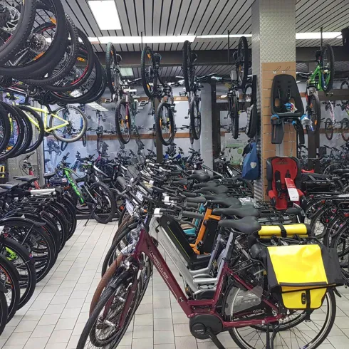 Ein Fahrradgeschäft mit vielen verschiedenen Fahrrädern und Zubehör an den Wänden. Die Auswahl reicht von E-Bikes bis zu sportlichen Modellen.