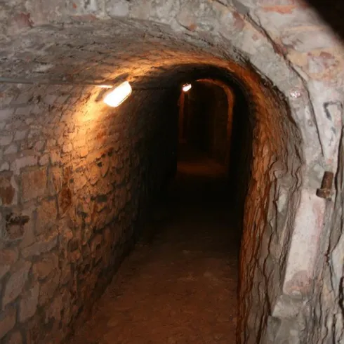 Ein schmaler, gewölbter Tunnel mit Steinmauern und schwachem Licht. Der Boden ist aus Erde und das Ende des Tunnels ist nicht sichtbar.