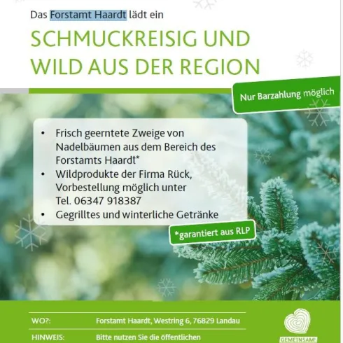 Ein Flyer für eine Veranstaltung im Forstamt Haardt. Es werden frische Zweige und winterliche Getränke angeboten, sowie Informationen zur Firma Rück.