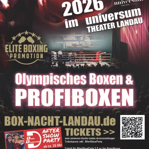 Ein Werbeplakat für eine Boxveranstaltung am 5. September 2026 im Universum Theater Landau. Es wird olympisches Boxen und Profiboxen beworben, mit Informationen zu Tickets und einer After-Show-Party.