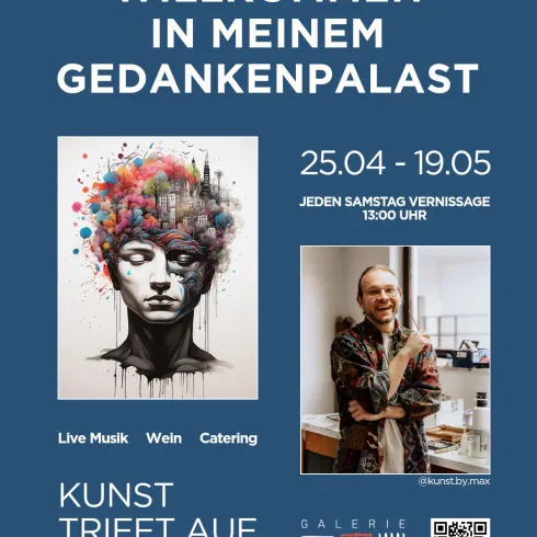 Ein einladendes Plakat für eine Kunstausstellung mit dem Titel „Kunst trifft auf Poesie“. Es zeigt ein kreatives Kunstwerk und Informationen zu Veranstaltungen mit Live-Musik, Wein und Catering.