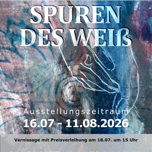 Ein Plakat für den Kunstpreis 2026 der Galerie Apart Kunst. Es zeigt den Titel "SPUREN DES WEISS" und Informationen zur Vernissage und Ausstellungszeitraum.