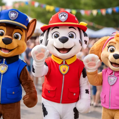 Drei farbenfrohe Maskottchen stehen zusammen und winken. Sie tragen jeweils verschiedene Kostüme in lebhaften Farben und lächeln fröhlich.