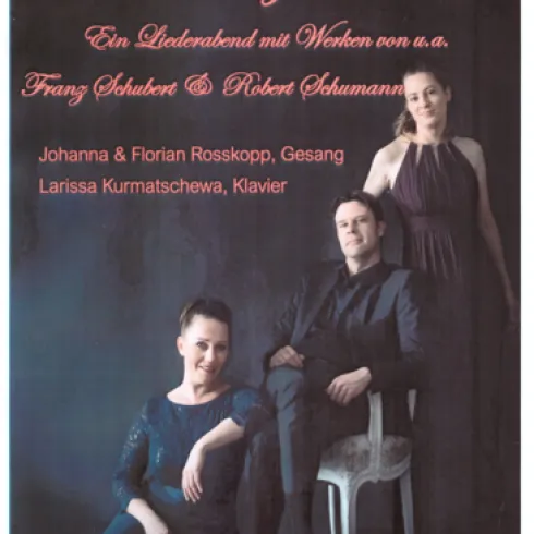 Ein Konzertplakat für einen Liederabend mit den Künstlern Johanna und Florian Rosskopp sowie Larissa Kurmatschewa. Die Veranstaltung findet am 17. November 2026 in Landau statt.