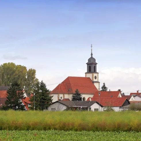 Ein charmantes Dorf mit roten Dächern und einer Kirche im Hintergrund. Umgeben von grünen Feldern und blauem Himmel.