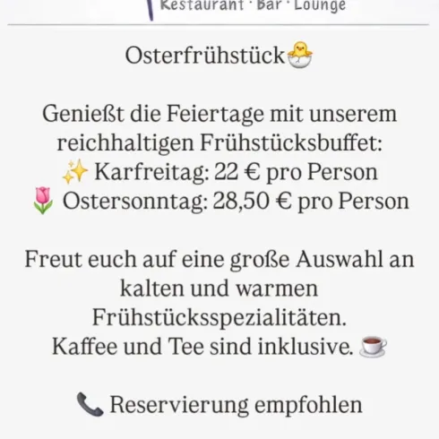 Ein Plakat für ein Osterfrühstück im Restaurant Magazine. Es werden die Preise und eine große Auswahl an Frühstücksoptionen angeboten, einschließlich Kaffee und Tee.