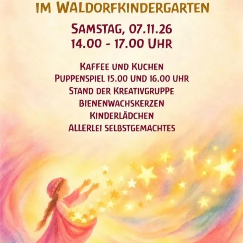 Ein Plakat für einen Martinsbasar im Waldorfkindergarten. Es zeigt Informationen über Veranstaltungen wie Puppenspiel, Bastelstände und Angebote von selbstgemachten Produkten.