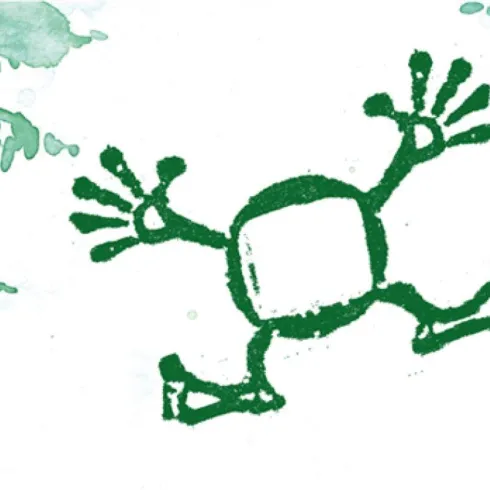 Ein grünes Froschmotiv auf einem hellen Hintergrund. Die Hände und Füße des Frosches sind weit geöffnet, was Bewegung undLebendigkeit vermittelt.