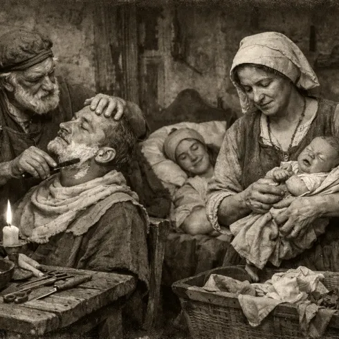 Ein historisches Szenario mit einem Mann, der sich rasiert, während eine Frau ein Baby hält. Im Hintergrund schläft eine weitere Person in einer einfach eingerichteten Umgebung.