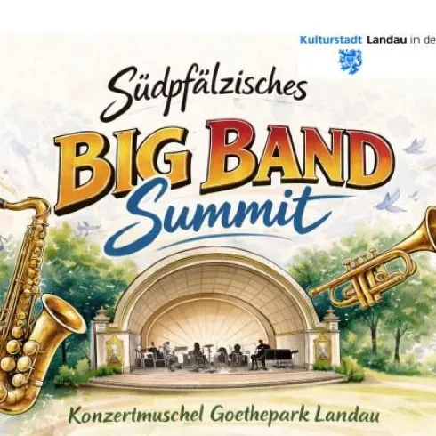 Ein plakativer Hintergrund für das Südpfälzische Big Band Summit zeigt eine Konzertmuschel im Goethepark in Landau. Musikinstrumente wie Saxophon und Trompete sind dekorativ abgebildet.