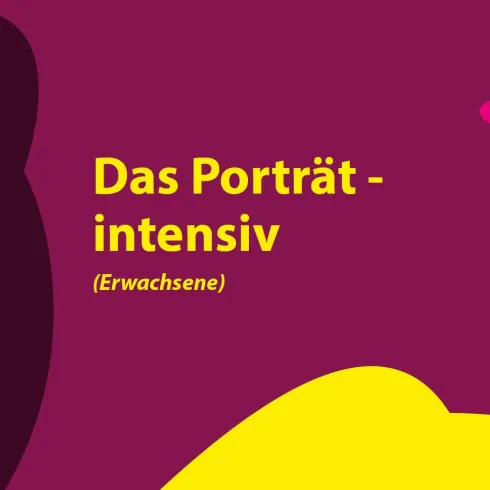 Ein bunten Flyer für einen Workshop mit dem Titel "Das Porträt - intensiv". Die Farben sind kräftig und modern, mit Gelb und Lila als Haupttönen.