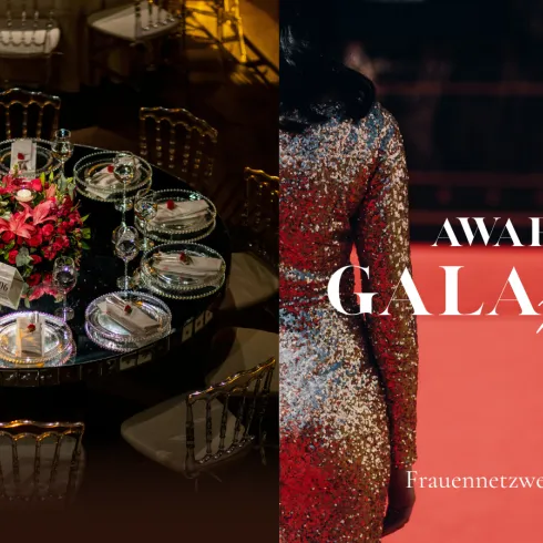 Ein eleganter Galaabend mit einem schön dekorierten Tisch und einer festlichen roten Teppichumgebung. Die Atmosphäre ist glamourös und stilvoll, perfekt für eine Auszeichnungzeremonie.