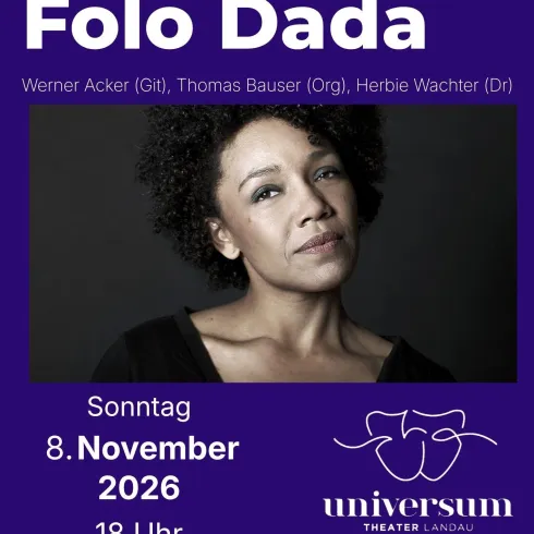 Ein Plakat für das Konzert von Folo Dada im Landauer Jazz Club. Es zeigt das Datum, die Uhrzeit und die Musiker, die auftreten werden.