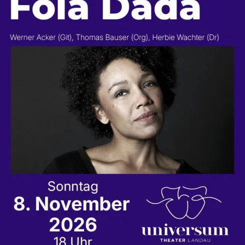Ein Poster für ein Jazzkonzert mit der Band Fola Dada. Das Event findet am Sonntag, den 8. November 2026, um 18 Uhr im Universum Theater Landau statt.