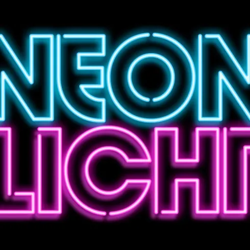 Ein leuchtendes Neonzeichen mit den Worten "NEON LICHT". Die Buchstaben strahlen in Blau und Pink auf schwarzem Hintergrund.