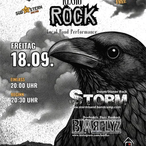 Ein Plakat für ein Konzert mit dem Titel "Regio Rock". Es kündigt lokale Bands und deren Auftritt am 18.09. im DAS HAUS in Landau an.
