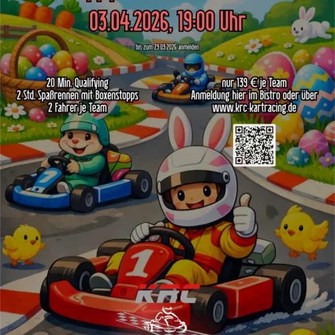Ein fröhliches Kartrennen mit Tieren im Osterdesign. Zwei Kartfahrer in bunten Karts fahren eine Rennstrecke, umgeben von Eiern und kleinen Küken.