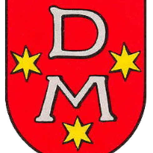 Ein Wappen mit einem blauen Hintergrund. Es zeigt zwei goldene Lilien und eine silberne Kreuzung auf einem gelben Schild.