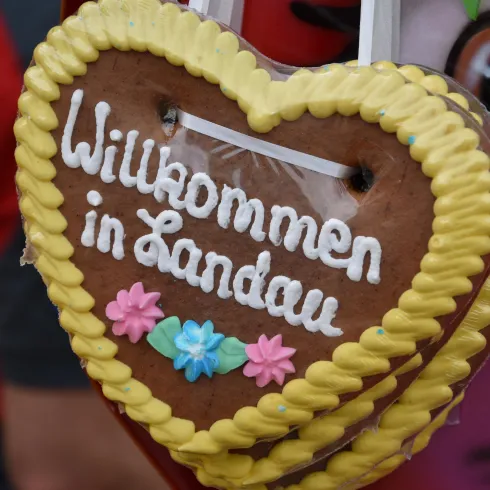 Ein herzförmiger Lebkuchen mit der Aufschrift „Willkommen in Landau“. Er ist mit bunten Verzierungen und Zuckerguss dekoriert.