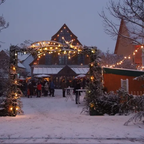 Eine verschneite Landschaft mit festlich geschmückten Lichtern. Im Hintergrund sind Menschen zu sehen, die einen Weihnachtsmarkt besuchen.