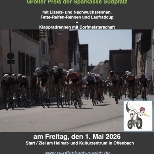 Ein Plakat für das 65. 1. Mai Rennen in Offenbach. Die Veranstaltung umfasst verschiedene Radrennen und findet am Freitag, den 1. Mai 2026, statt.