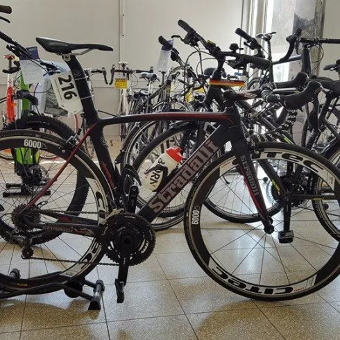 Ein Fahrradgeschäft mit mehreren Fahrrädern aus verschiedenen Kategorien. Im Vordergrund steht ein sportliches Rennrad.