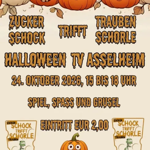 Ein Halloween-Event mit orangefarbenen Kürbissen und fröhlicher Schrift. Datum und Uhrzeit sind klar angegeben, mit Aktivitäten und Eintrittspreis.