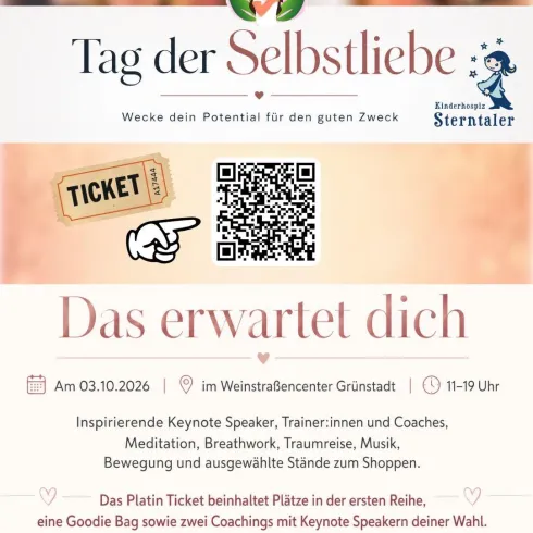 Ein Plakat für die Veranstaltung "Tag der Selbstliebe" mit Informationen zu einem inspirierenden Event. Darauf sind ein QR-Code und Details zu Keynote-Speakern und Workshops zu sehen.